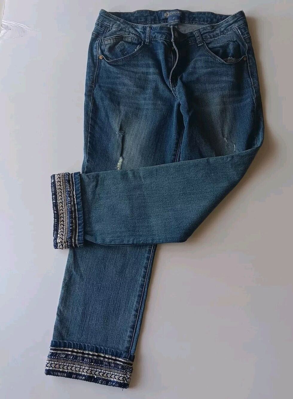 Democracy Flex-ellent Cropped Blue Jeans Size 8 Beaded Sequin Bling Pants Hem